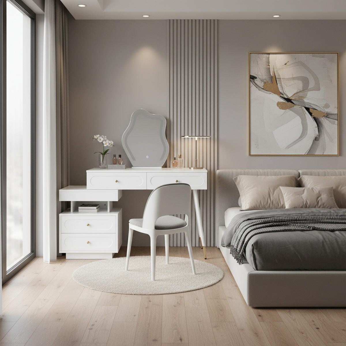 SCHMINKTISCH-SET mit LED-Spiegel & Beleuchtung Weißes - Weiß, Glas/Holzwerkstoff (140/130/40cm) - Urban Meuble