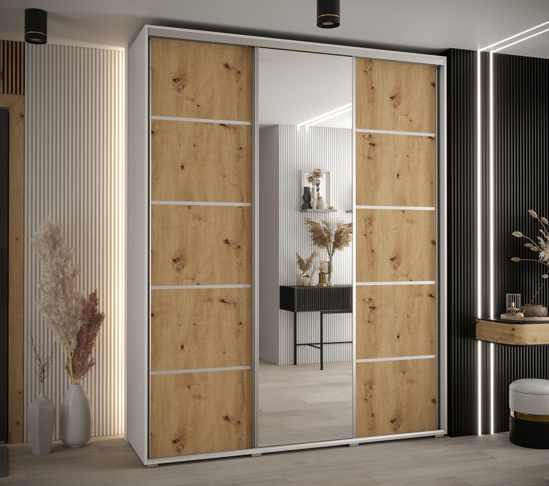 SCHWEBETÜRENSCHRANK 235,2/180/60 3-türig - Silberfarben/Eiche Artisan, Holz/Metall (180/235/60cm) - Abiks Möbel