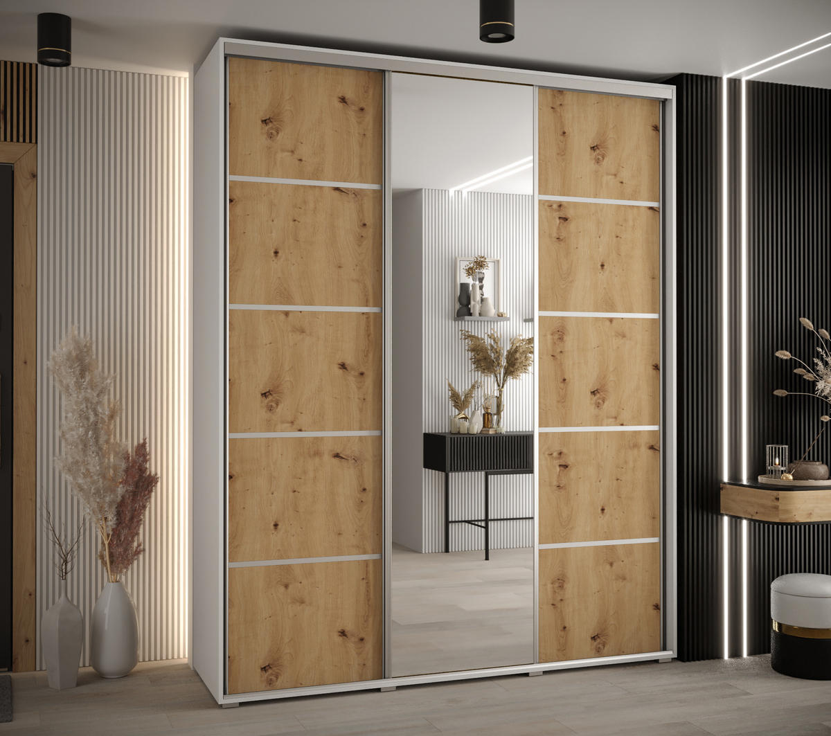 SCHWEBETÜRENSCHRANK 235,2/180/60 3-türig - Silberfarben/Eiche Artisan, Holz/Metall (180/235/60cm) - Abiks Möbel