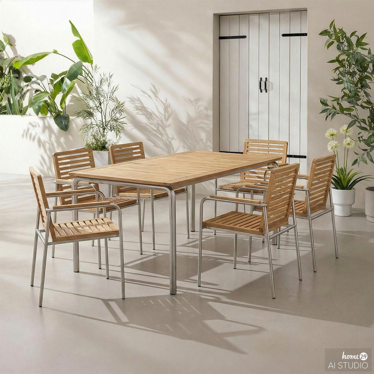 STAPELSTUHL - 2er-Set - Teak massiv / Edelstahl - Braun - Teakfarben, Holz/Metall (56/86/55cm) - home24