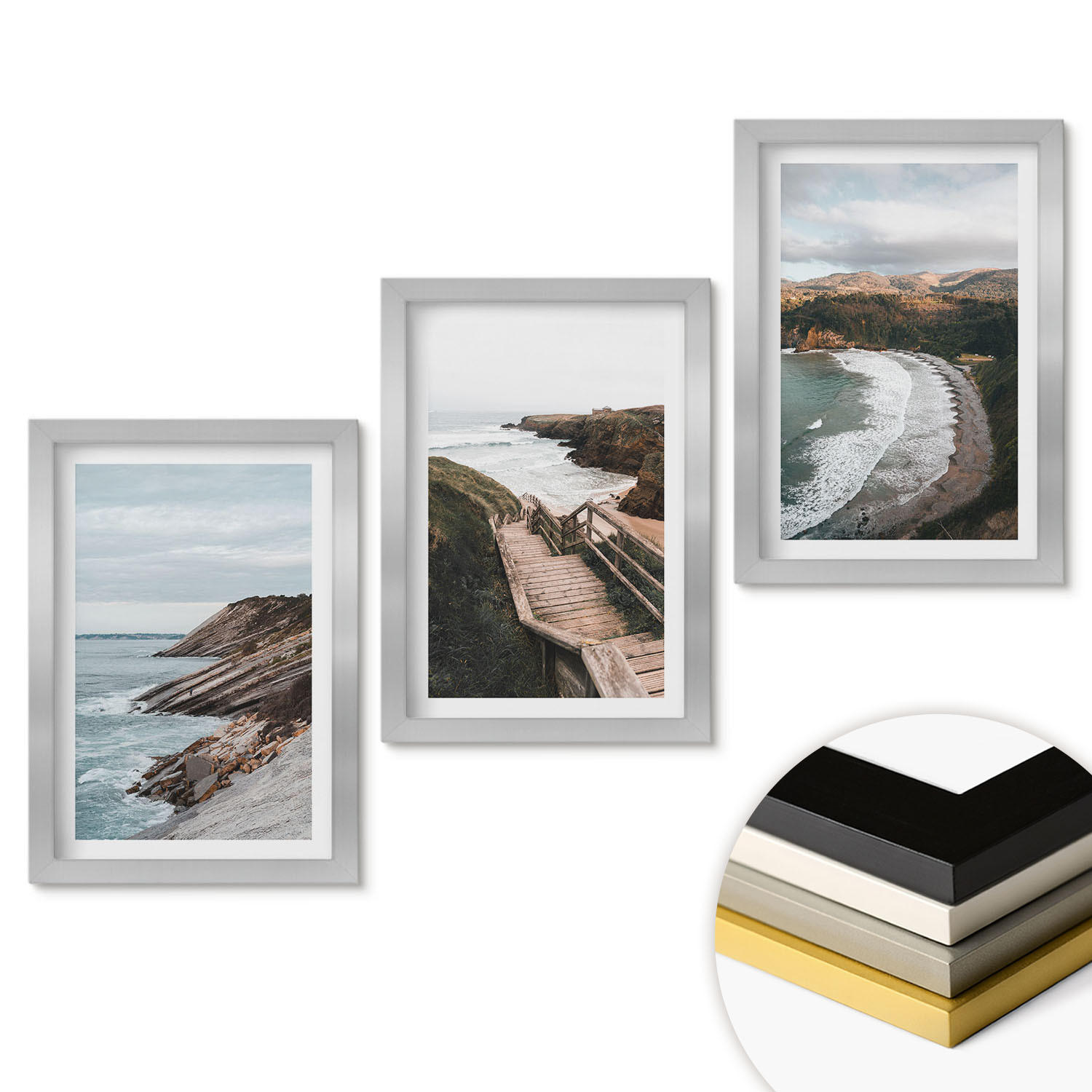 WANDBILDER 3er Set - 20x30 cm Silberner Rahmen - Klippenblicke, Strandlandschaften - Silberfarben, Kunststoff (20/30cm) - ArtPrintCave
