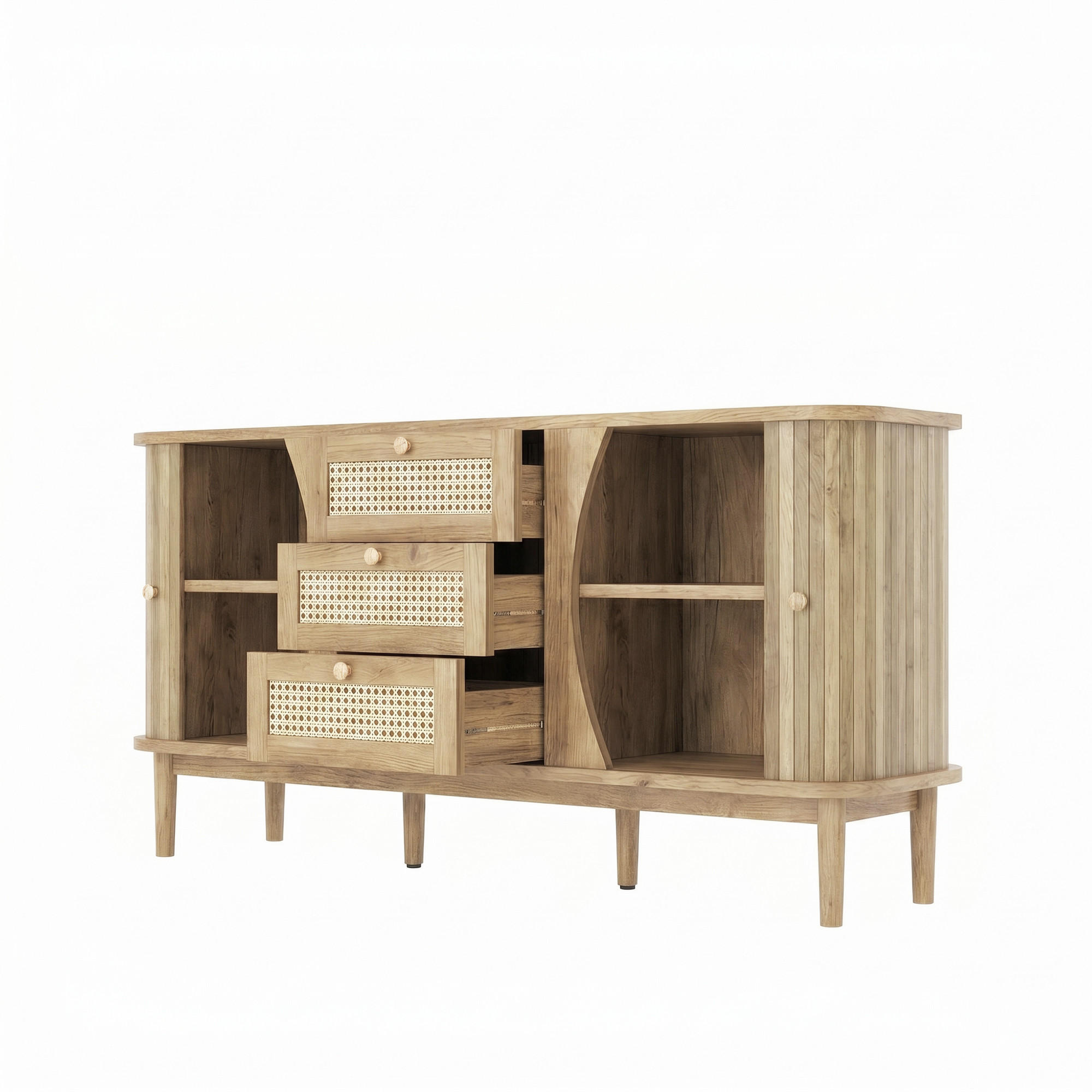 KOMODA od iverala 140,5x40x76 cm prirodna s kliznim vratima, podesivim policama i ratan ladicama - prirodne boje, drvni materijal (140.5/40/76cm) - Modfu