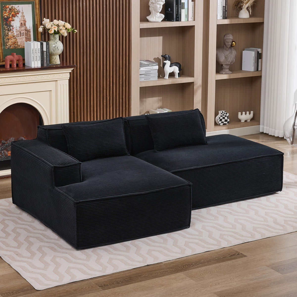 ECKSOFA aus Polyester 235 cm Schwarz mit Taschenfederkern und pflegeleichtem Bezug, kompakt für kleine Räume - Schwarz, Textil (235/129cm) - Modfu