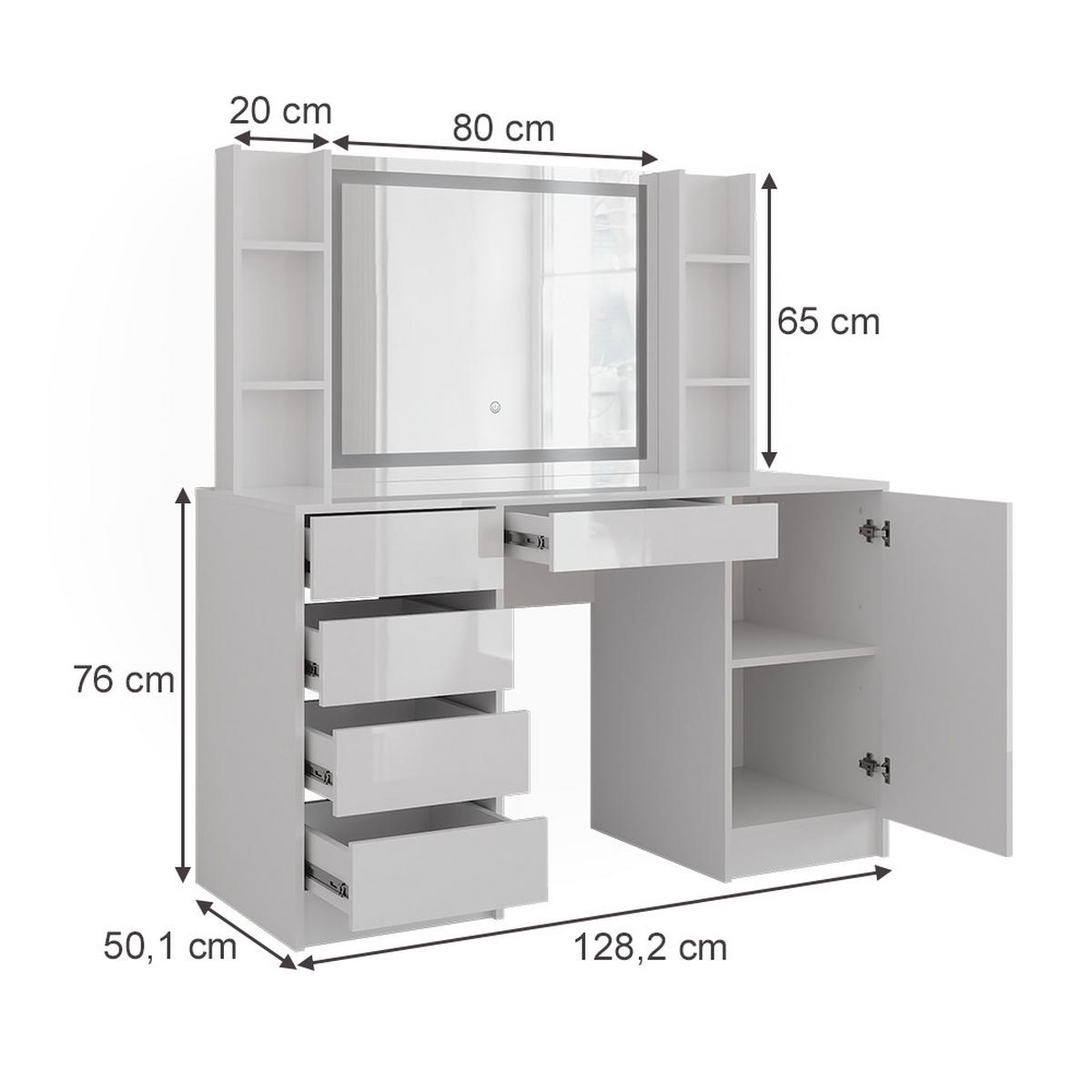 SCHMINKTISCH Sherry Weiß/Weiß Hochglanz 128.2 cm 4 Teile - Weiß Hochglanz, Holzwerkstoff (128.2/76/50.1cm) - Vicco