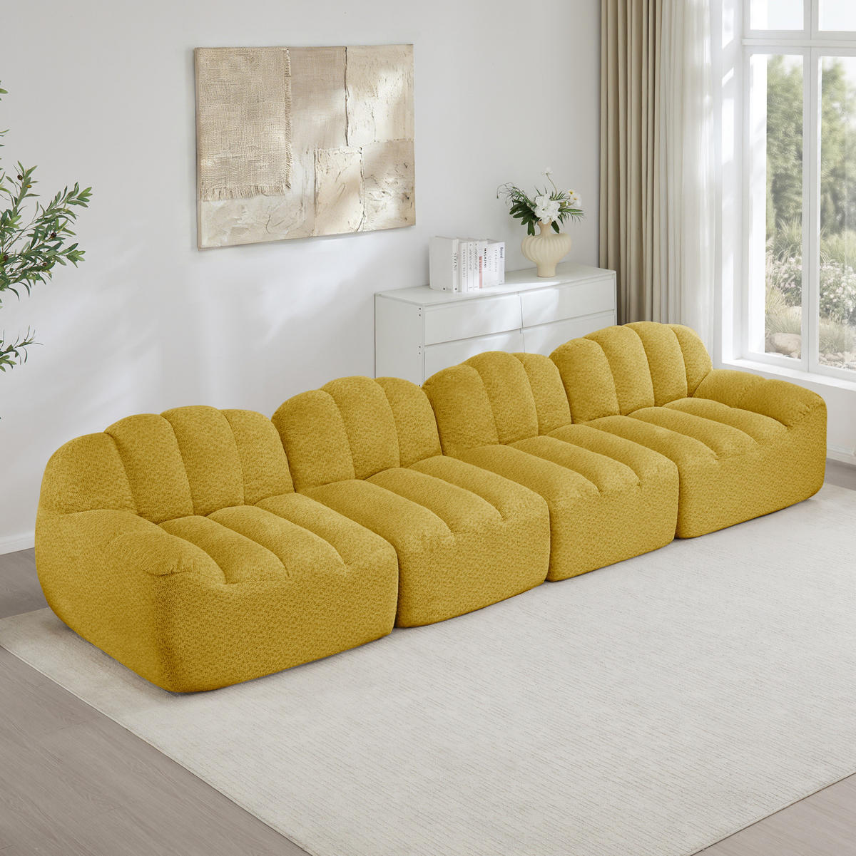 MODULARES 4-Sitzer Sofa aus granuliertem Fleece mit ergonomischer Muschelform Gelb - Gelb, Textil (104/79/366cm) - Modenvie