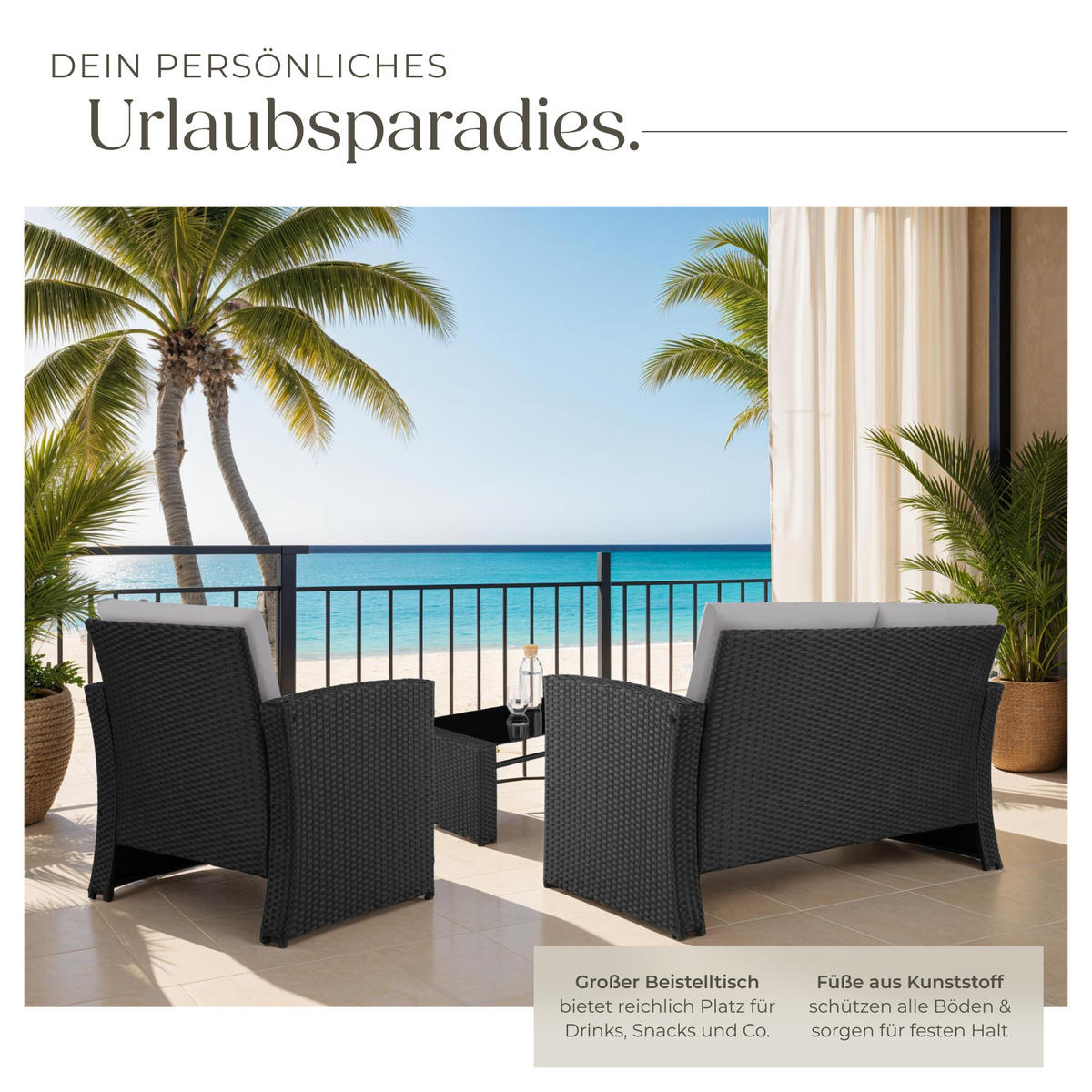 RATTANLOUNGE Jesolo,mit Sicherheitsglasplatte,schwarz/grau - Schwarz/Grau, Kunststoff - tectake