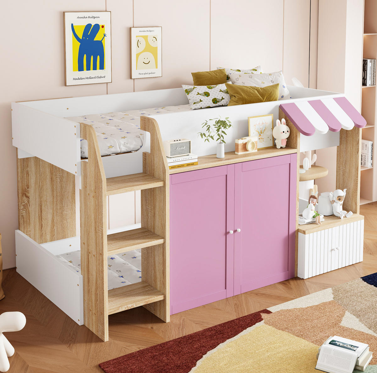 HOCHBETT mit Leiter und Stauraum 90x200 cm Holz Weiß und Rosa - Pink, Holzwerkstoff (90/200cm) - Beauniv
