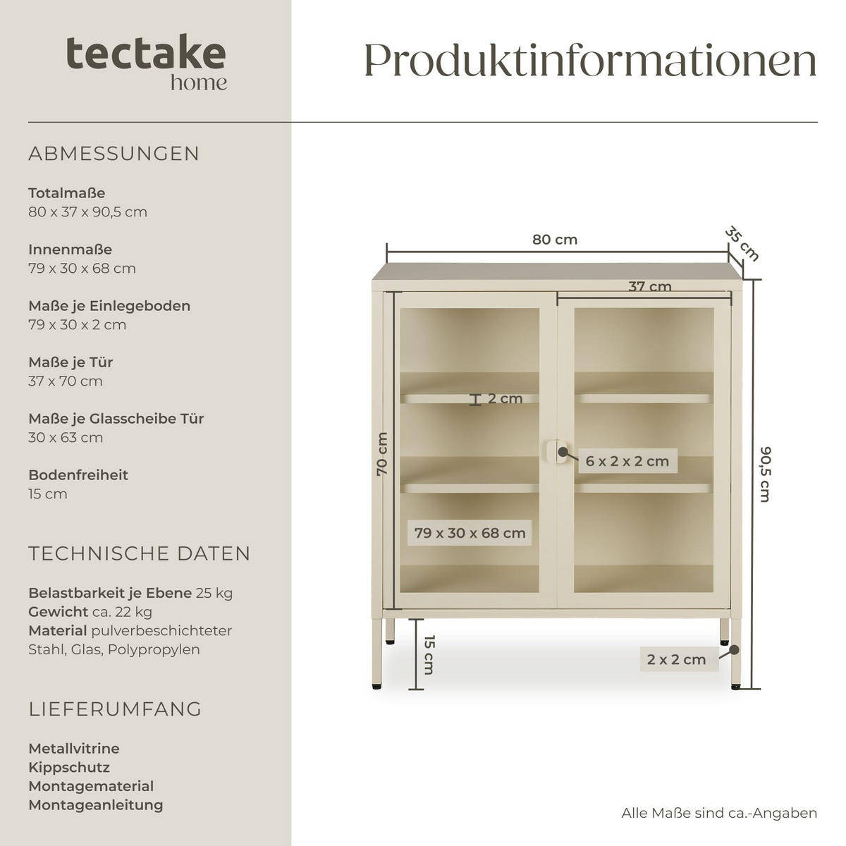 METALLVITRINE Baker, Kippschutz, höhenverstellbare Füße, creme - Creme, Metall (80/90.5/37cm) - tectake