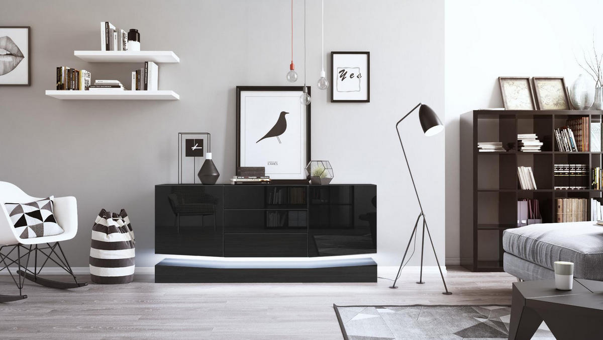 SIDEBOARD City Fronten in Schwarz Hochglanz - Schwarz Hochglanz, Holzwerkstoff (178/82/39cm) - Vladon
