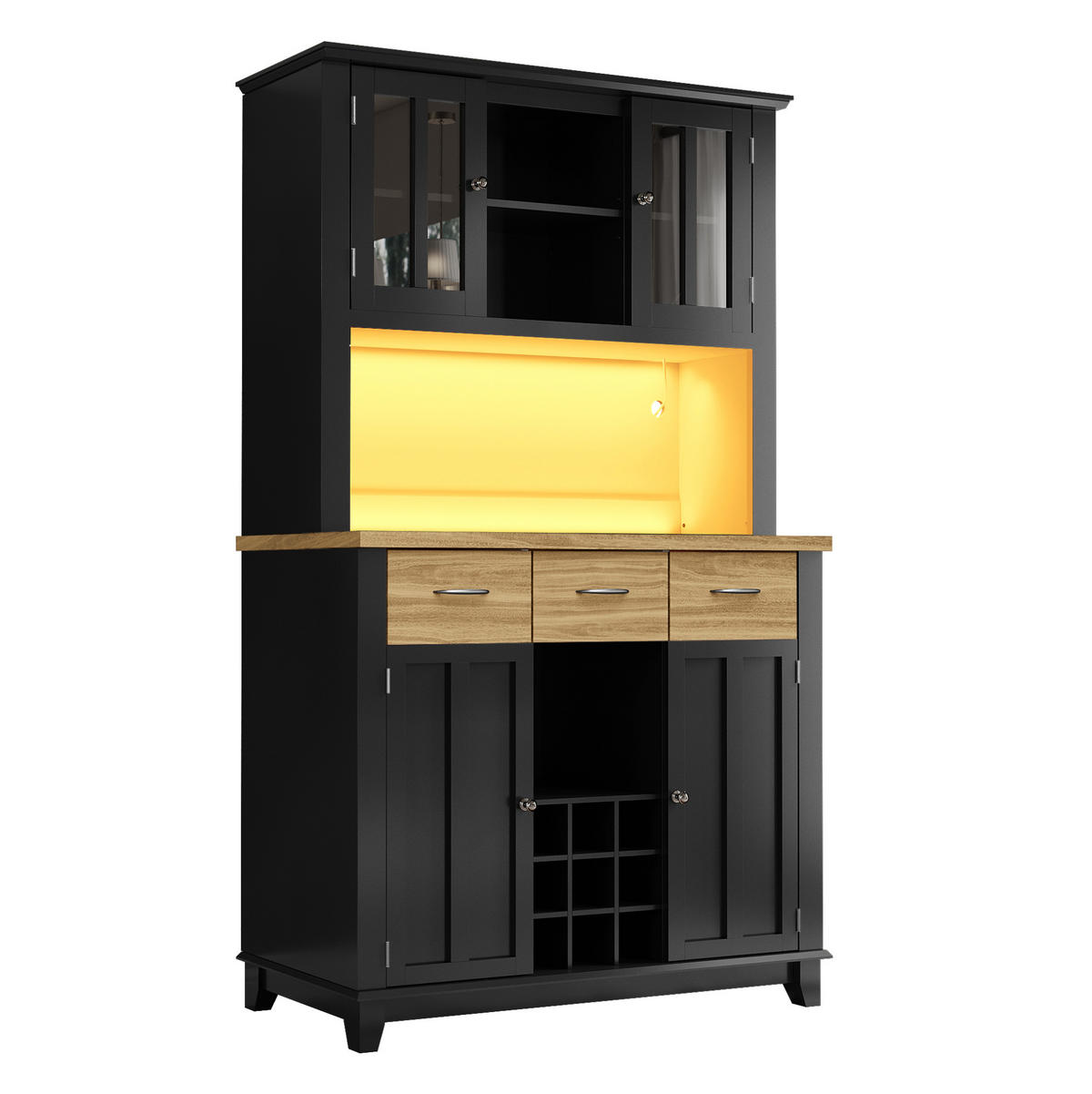 BUFFET aus MDF 106x40x179,5 cm Schwarz mit LED-Beleuchtung, Weinregal und Kippschutz - Schwarz, Holzwerkstoff (106/179.5/40cm) - Modfu