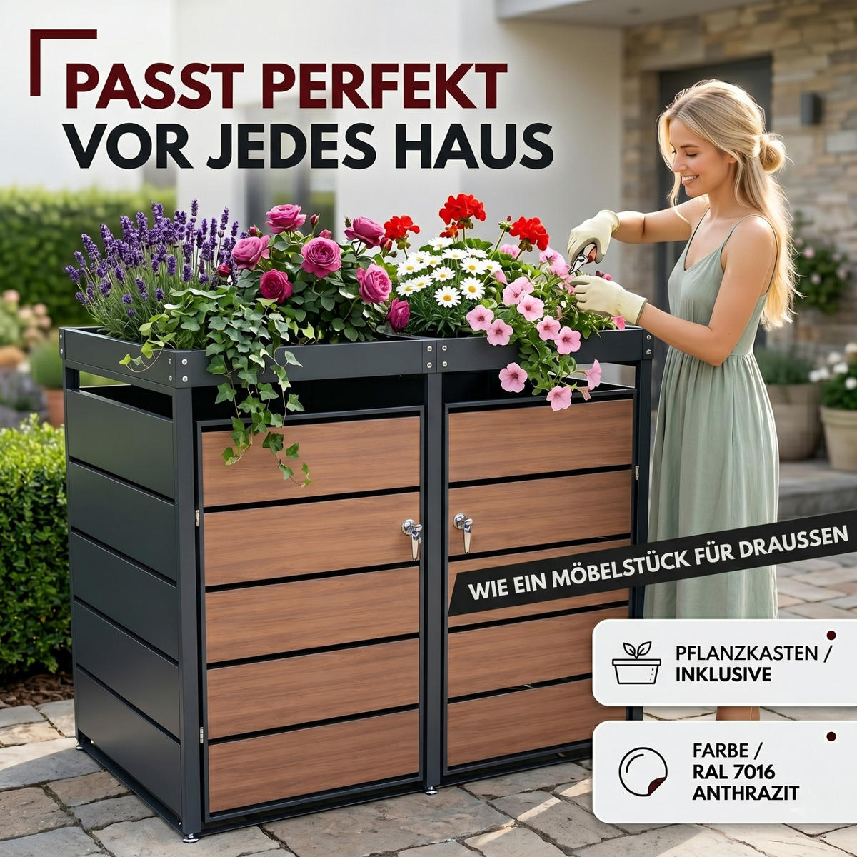 MÜLLTONNENBOX mit Pflanzkasten 2er, MTP2 - Anthrazit, Metall (132/116/80cm) - Albatros