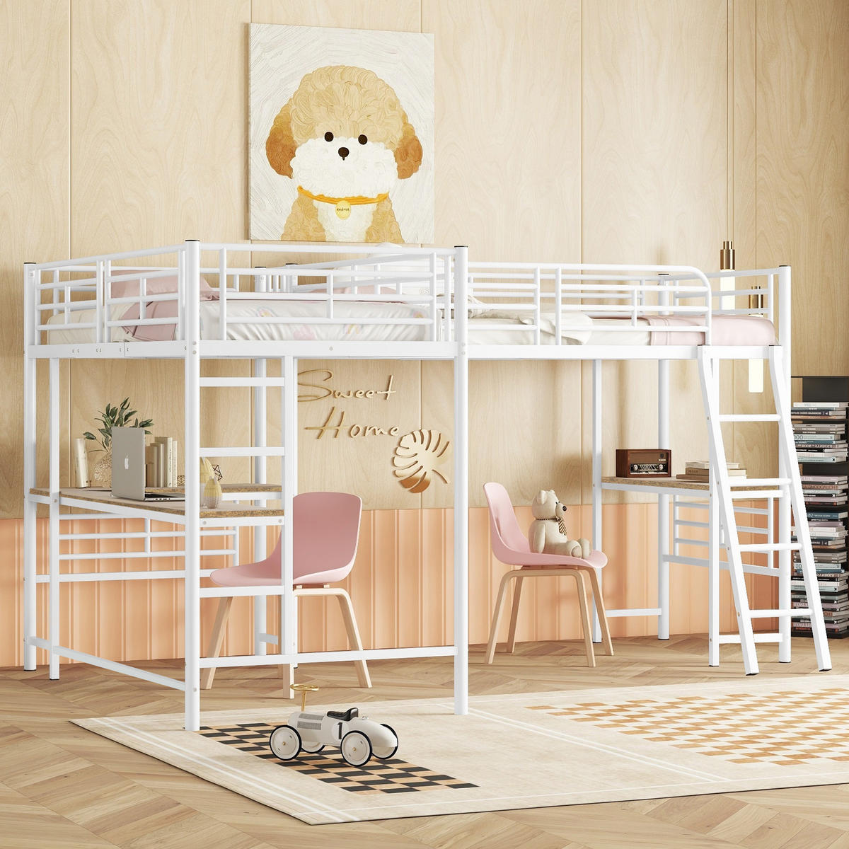 HOCHBETT 90/200 cm Weiß mit Tisch und Doppeltreppe - Weiß, Metall (140/200cm) - OKWISH