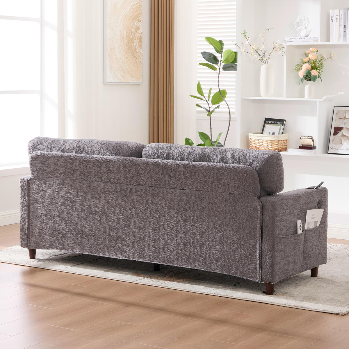 ZWEISITZER Sofa Chenille mit USB-Anschluss LED-Licht und Getränkehaltern 203/77,5/86 cm Hellgrau - Hellgrau, Textil (77.5/86/203cm) - Redom