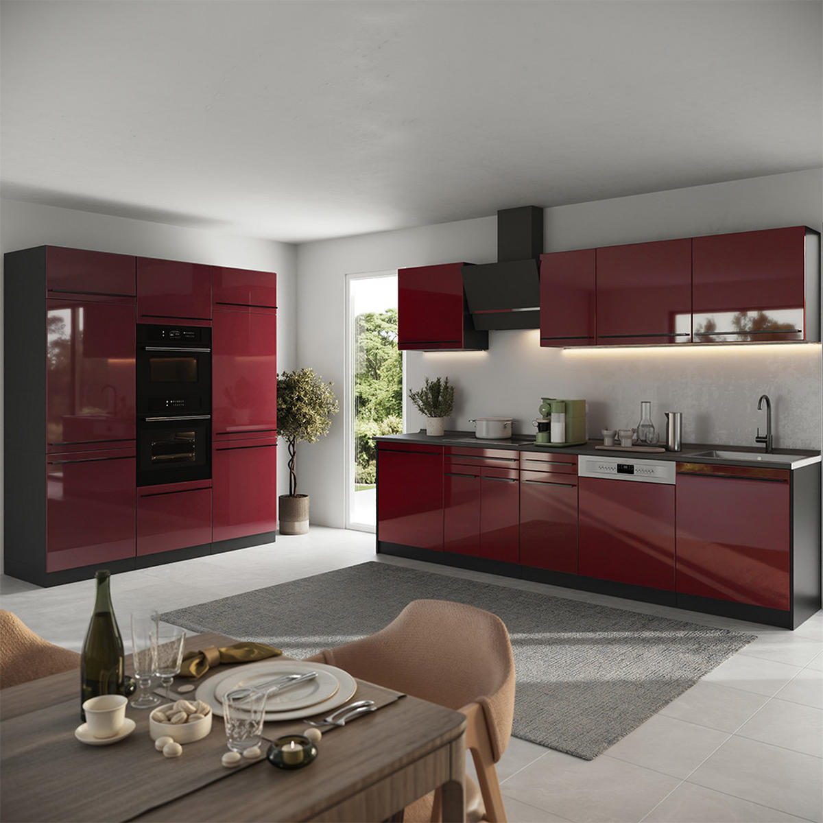 KÜCHENZEILE R-Line, Rot Hochglanz/Anthrazit, 180 cm Arbeitsplatte Goldkraft Eiche - Anthrazit/Rot, Holzwerkstoff (180/206.8/60cm) - Vicco
