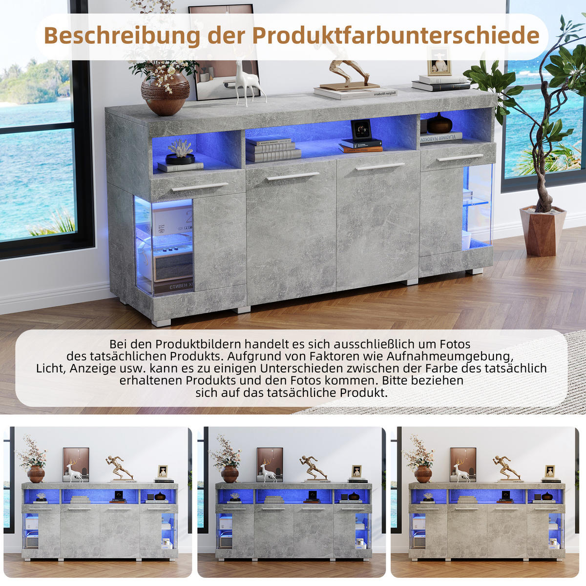 SIDEBOARD 140/40/70 cm zementgrau aus MDF mit LED und Glastüren - Grau, Holzwerkstoff (140/70/40cm) - OKWISH