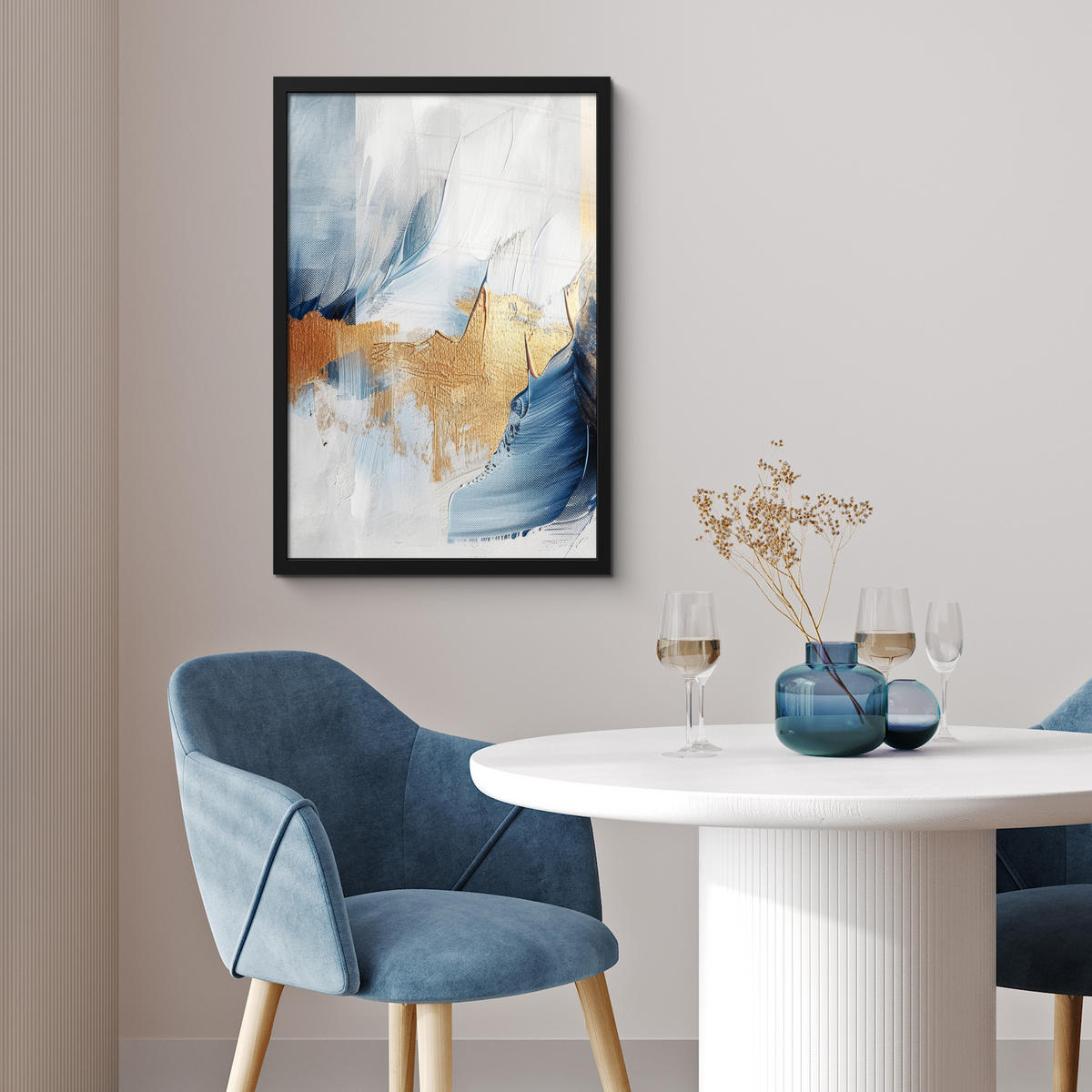 GERAHMTES BILD Gold - Blau - Aquarell - Kunst - Modern 40x60 cm - Hellblau, Papier (40/60cm) - MuchoWow