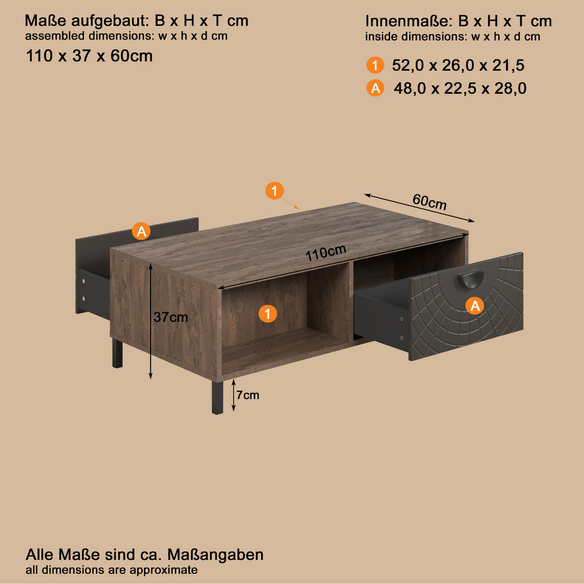 COUCHTISCH Bronze mit Rostoptik 110 cm, Beistelltisch mit Soft-Close - Rostfarben/Schwarz, Holzwerkstoff/Metall (60/110/37cm) - Top.Furn