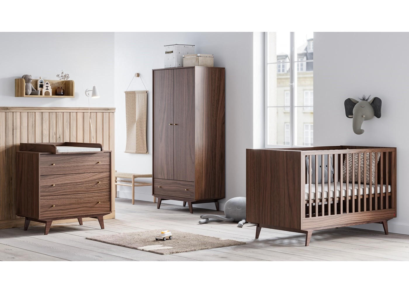 BABYZIMMER Set Maddy 4-teilig - Walnuss - Goldfarben/Walnussfarben, Holzwerkstoff/Metall (90/50/195cm) - QMM TraumMöbel
