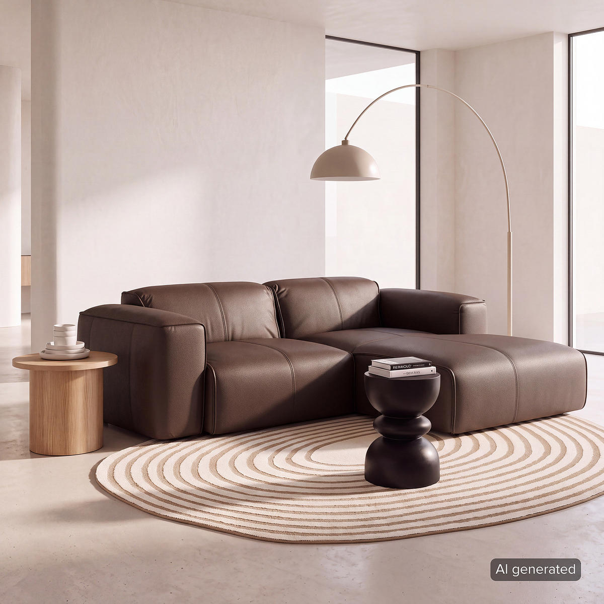 ECKSOFA mit XL-Longchair - Dunkelbraun/Schwarz, Leder/Kunststoff (260/171cm) - home24