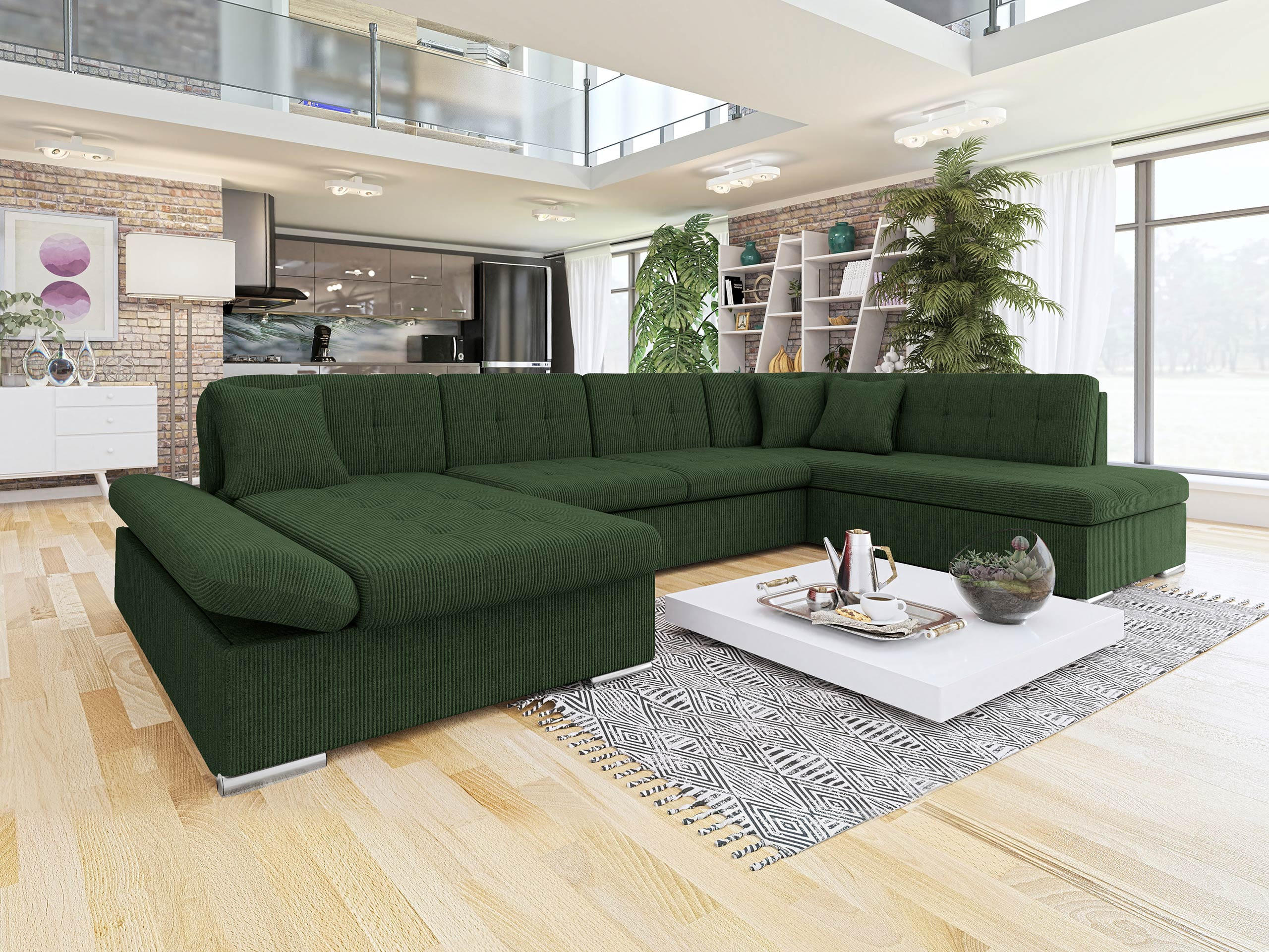 ECKSOFA Bergen Cord, Seite: Links - Dunkelgrün/Silberfarben, Holz/Textil (345/76/205cm) - MIRJAN24