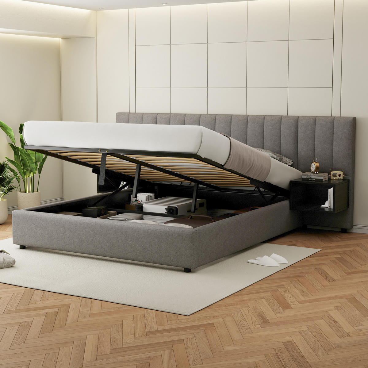 POLSTERBETT 160/200 cm grau aus Leinen mit Hydraulik-Stauraum und 2 Nachttischen - Grau, Textil (160/200cm) - OKWISH