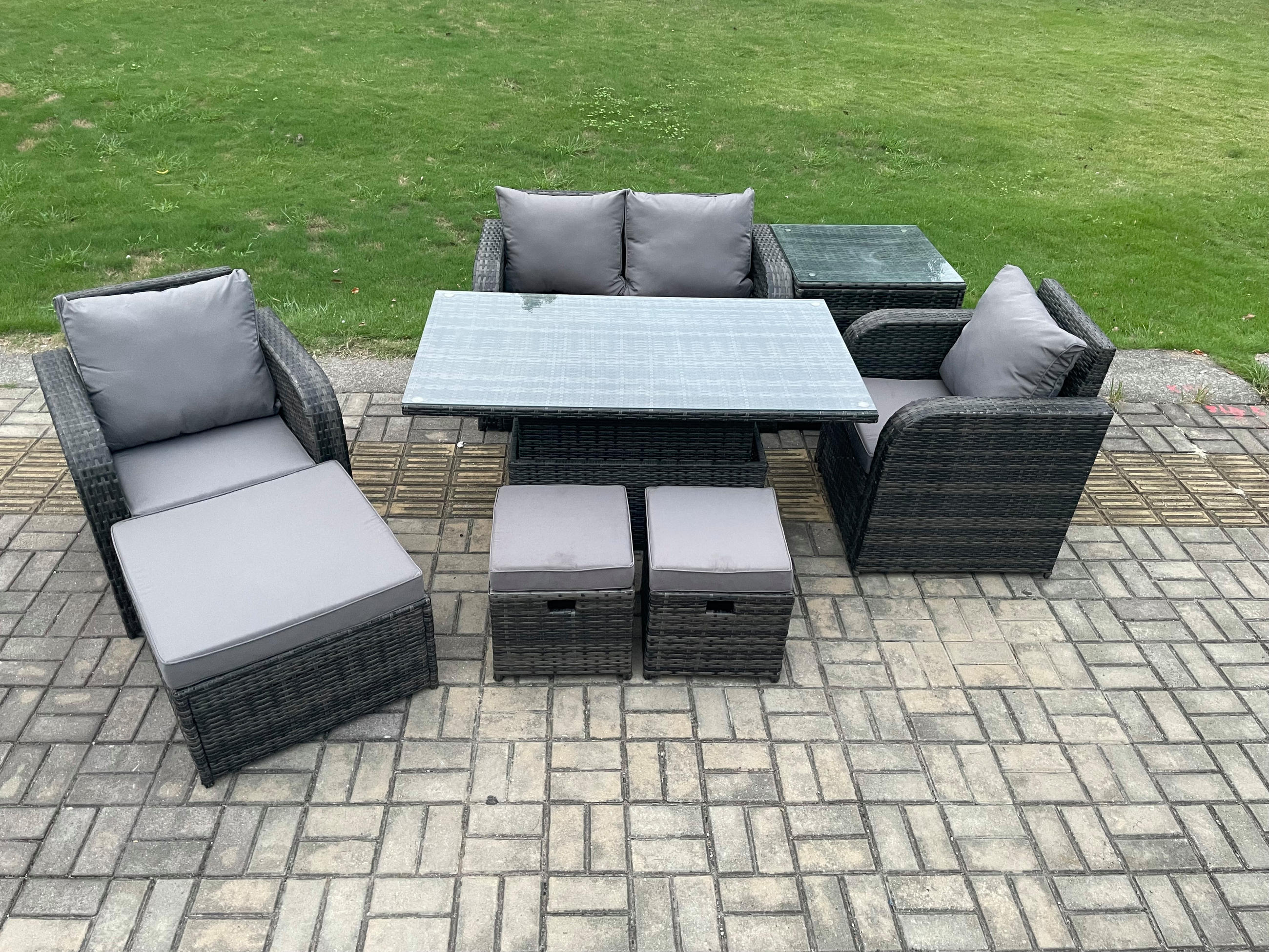 GARTENMÖBEL SET mit Hocker Polyrattan 7-Sitzer - Dunkelgrau/Grau, Glas/Kunststoff - Fimous