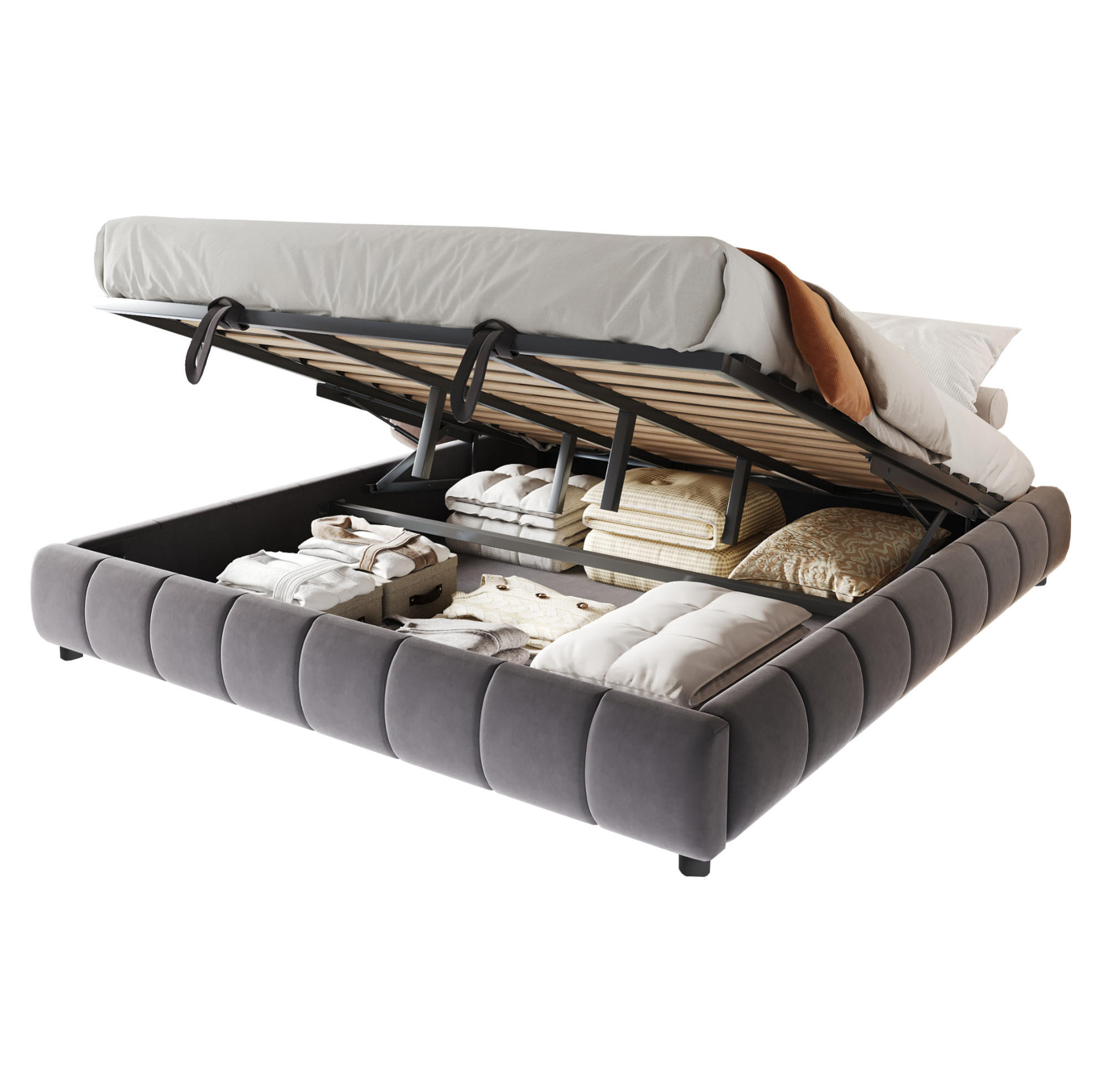 POLSTERBETT 180/200 cm Grau aus Flanellstoff mit Bettkasten und LED-Lichtleiste - Grau, Textil (180/200cm) - OKMYHOME