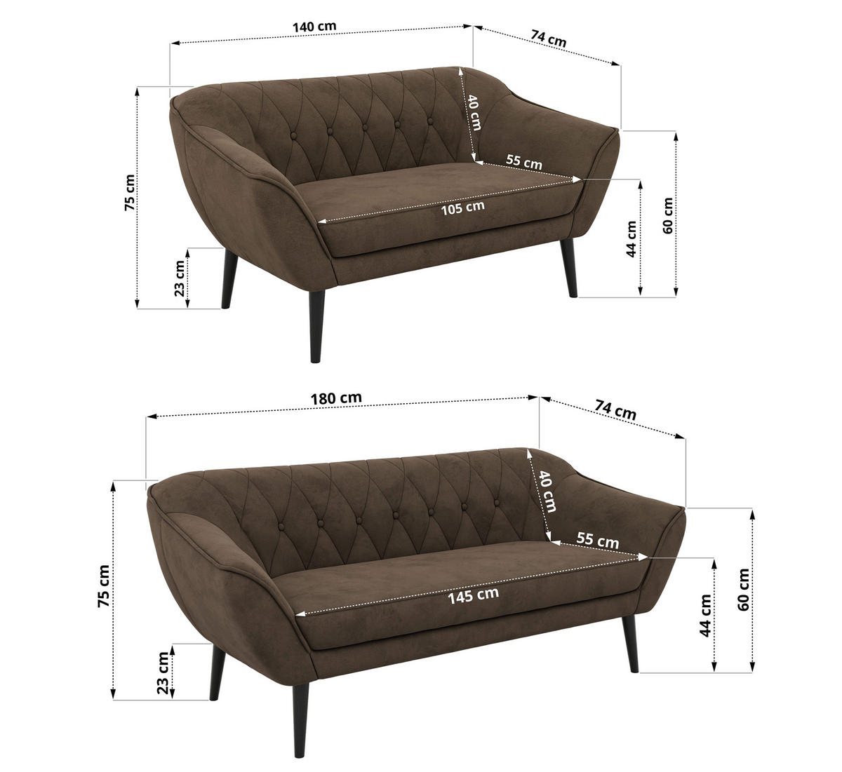SEDACÍ SOUPRAVA 3+2 PIRS - Hnědá Samet - Černé nohy - tmavě hnědá/černá, kompozitní dřevo/textil (180/75/74cm) - MKS