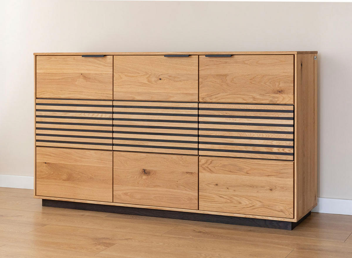 KOMMODE Tirano Eiche Natur / Lamellen schwarz 154 / 39 / 84cm - Eiche Bianco/Eichefarben, Holz/Metall (154/84/39cm) - Feldmann-Wohnen