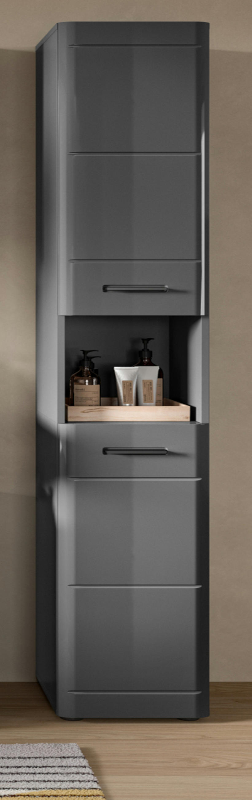HOCHSCHRANK grau Hochglanz 30 x 180 cm, Badschrank mit Soft-Close - Schwarz/Grau, Holzwerkstoff/Kunststoff (30/180/30cm) - Inn.Furn