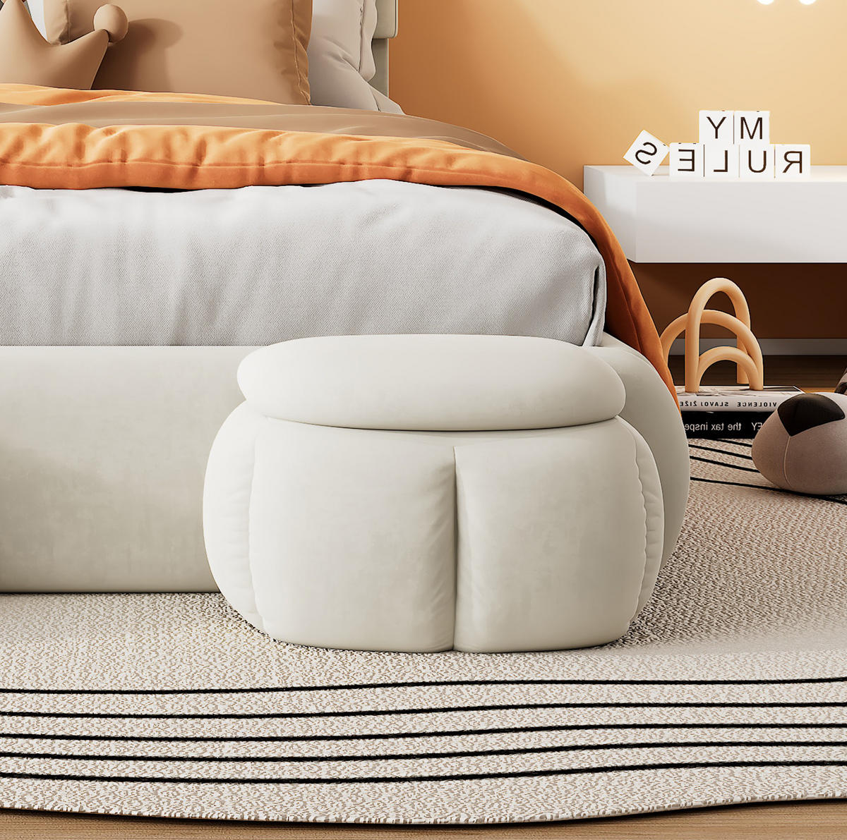 POLSTERBETT 90/200 cm aus Samt mit LED-Hasenohren und 2 Aufbewahrungshockern Beige - Beige, Textil (90/200cm) - Modenvie
