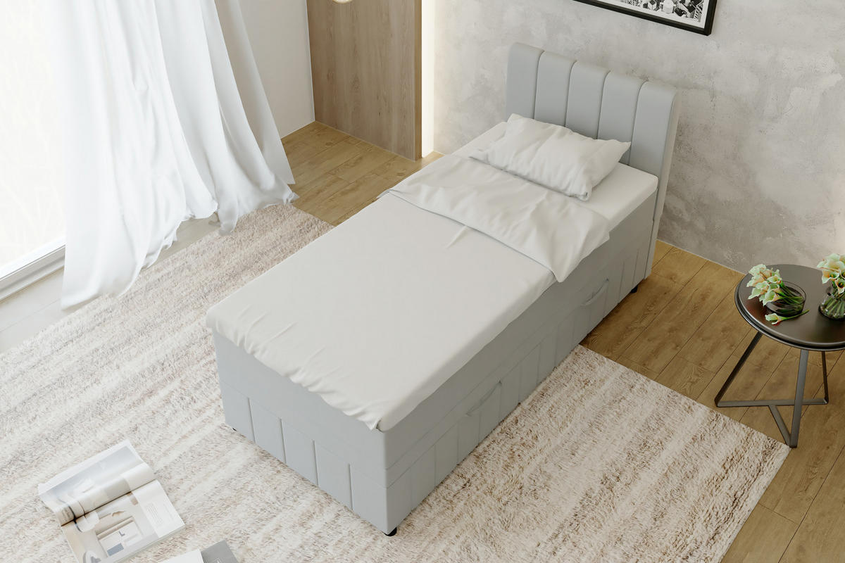 BOXBETT AVALON 90 x 200 cm mit Bettkasten und Topper - Hellgrau - Hellgrau, Holz - Panda Möbel