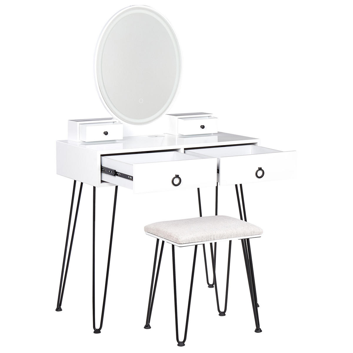 SCHMINKTISCH mit ovalem LED-Spiegel Hocker 4 Schubladen USB-Port weiß/schwarz Soye - Schwarz/Weiß, Holzwerkstoff (80/136/40cm) - Beliani