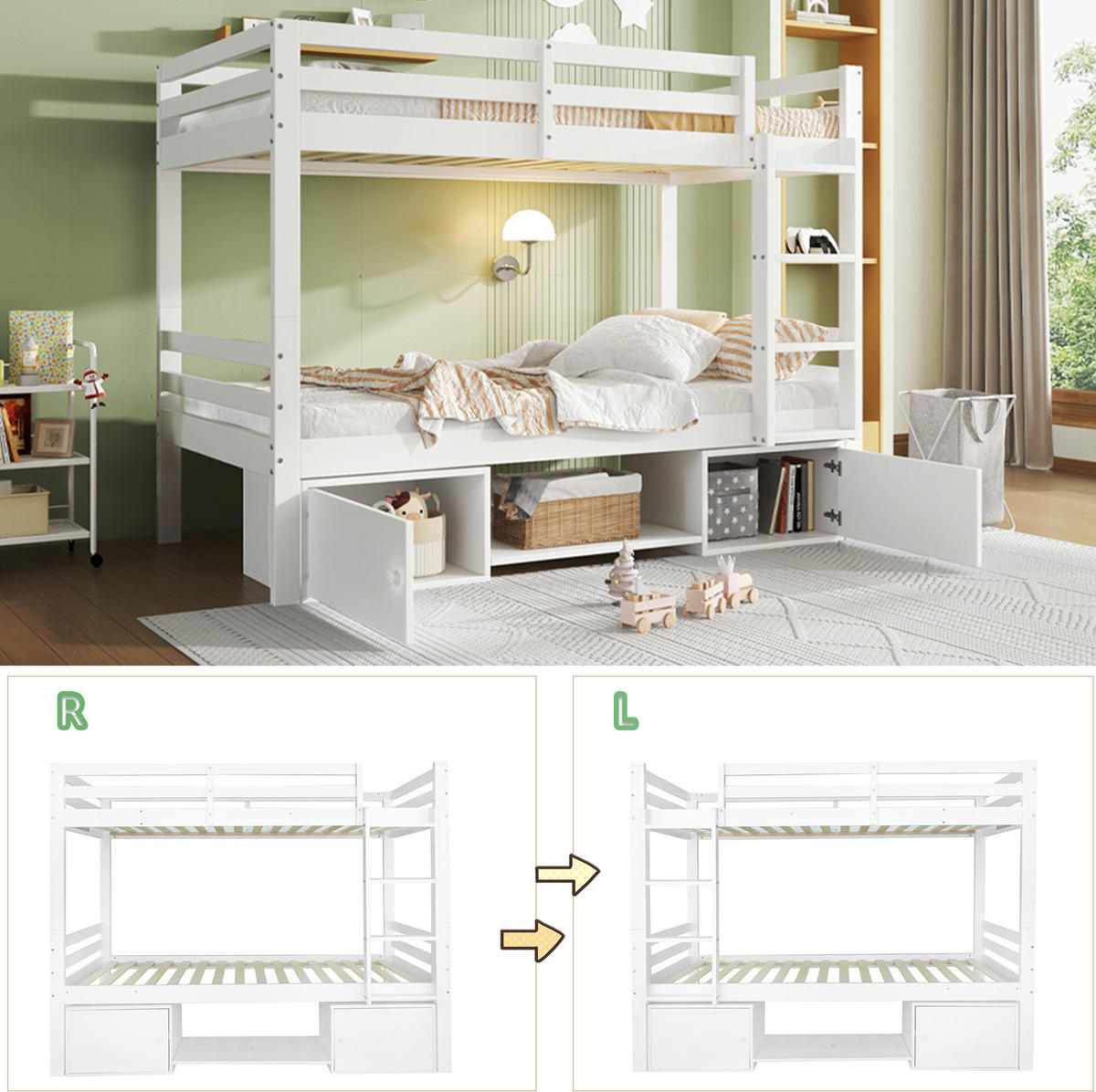 ETAGENBETT 90/200 cm in Weiß mit Stauraum und teilbarer Konstruktion - Weiß, Holzwerkstoff (90/200cm) - Flora Grace