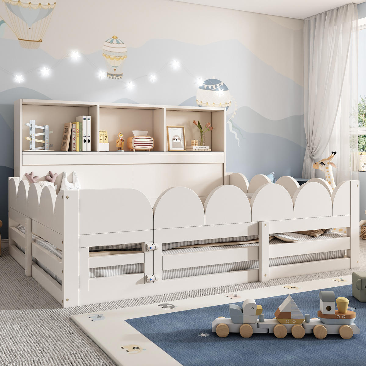 KINDERBODENBETT 140x190 cm in Weiß mit Rausfallschutz, Tür und Regal - Weiß, Holz (140/190cm) - IVMEU