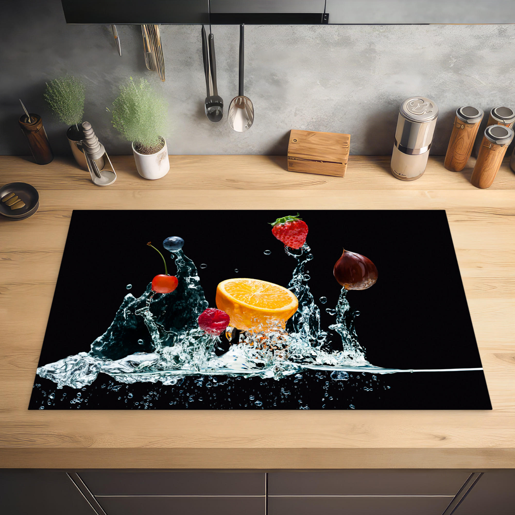 HERDABDECKPLATTE Wasser - Obst - Orange - Erdbeere - Kirsche - Schwarz 85x52 cm - Orange, Kunststoff (85/0.2/52cm) - MuchoWow