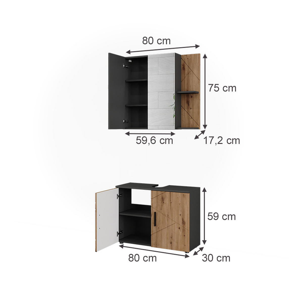 BADMÖBEL-SET Irma Anthrazit/Artisan 2 Teile - Anthrazit/Hellgrau, Holzwerkstoff (80/59/30cm) - Vicco