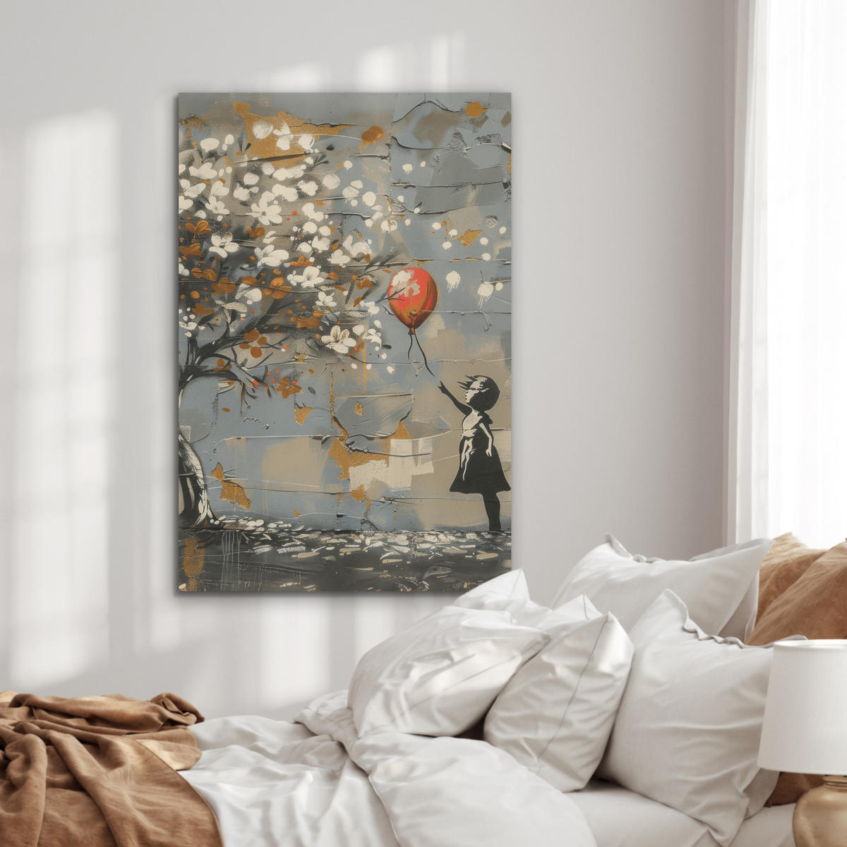 AKUSTIKBILD Baum - Graffiti - Banksy-Stil - Ballon-Mädchen Wanddeko 60x90 cm - Blaugrau, Kunststoff (60/90/0.9cm) - MuchoWow