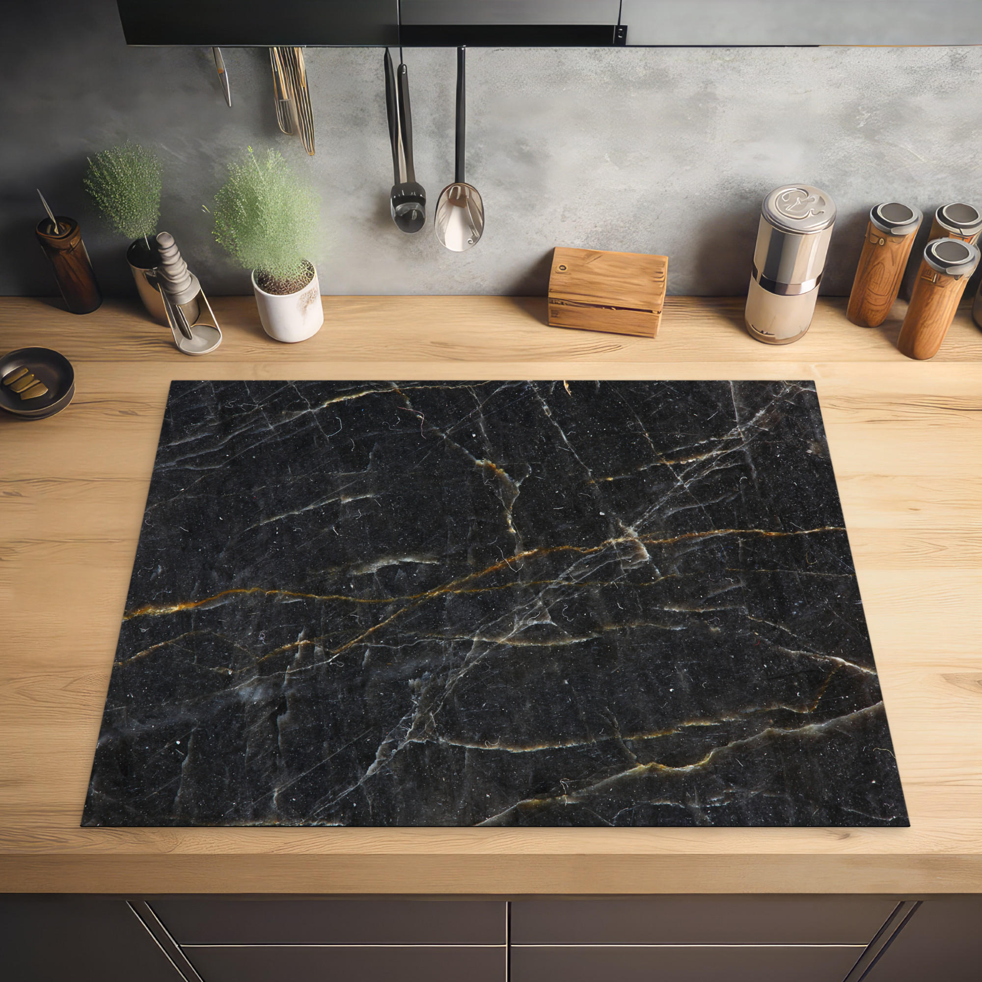 HERDABDECKPLATTE Marmor - Schwarz - Gold - Grau - Marmorstruktur 77x59 cm - Goldfarben, Kunststoff (77/0.2/59cm) - MuchoWow