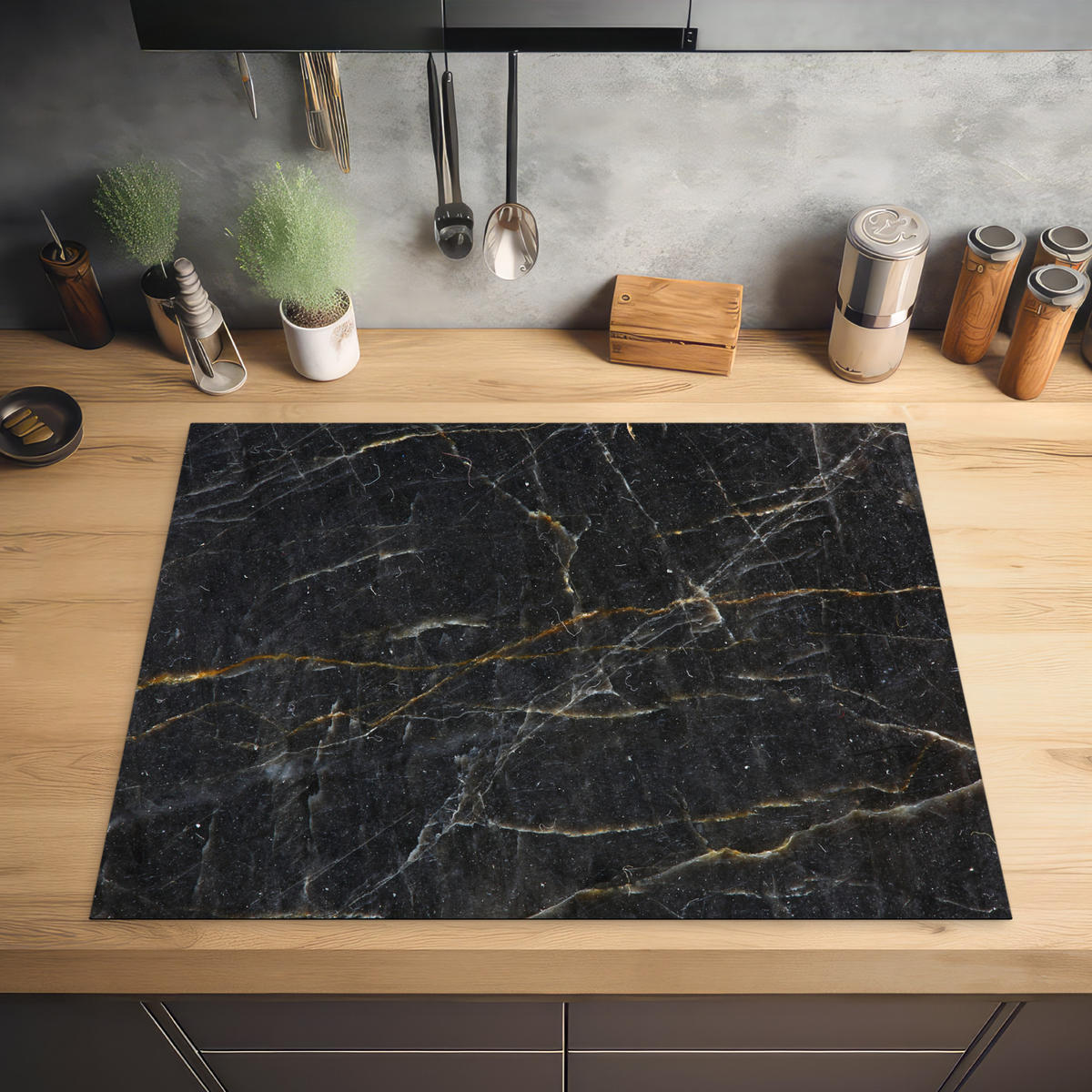 HERDABDECKPLATTE Marmor - Schwarz - Gold - Grau - Marmorstruktur 77x59 cm - Goldfarben, Kunststoff (77/0.2/59cm) - MuchoWow