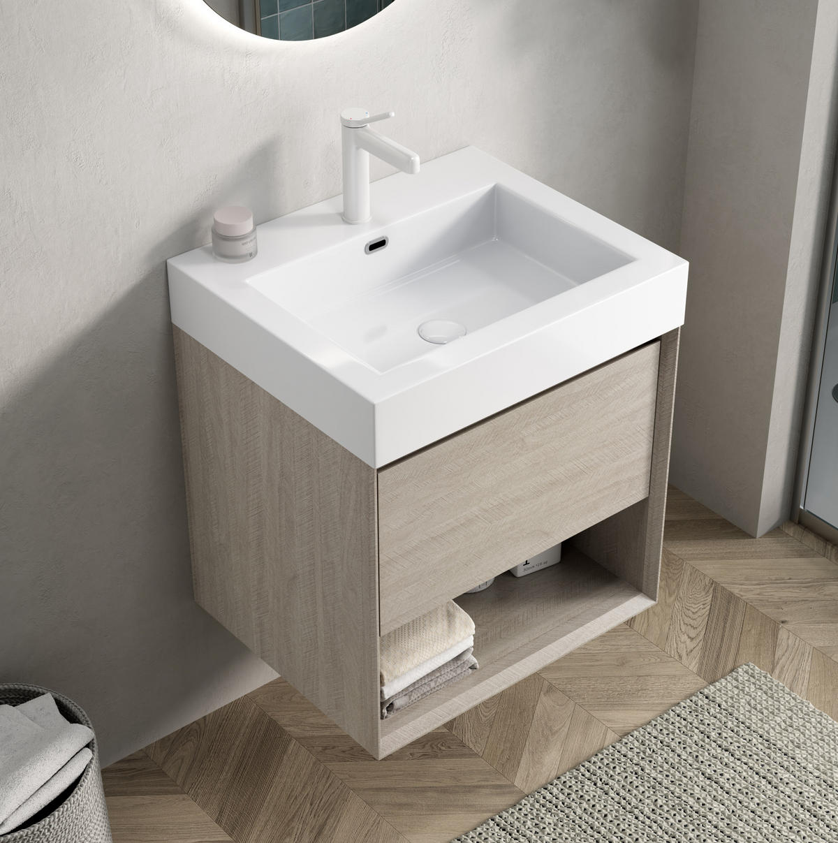 WASCHTISCHKOMBI 55 cm in Eiche/Weiß mit Soft-Close-Schublade und offenem Fach - Creme, Kunststoff (55/60/46cm) - BEAOK