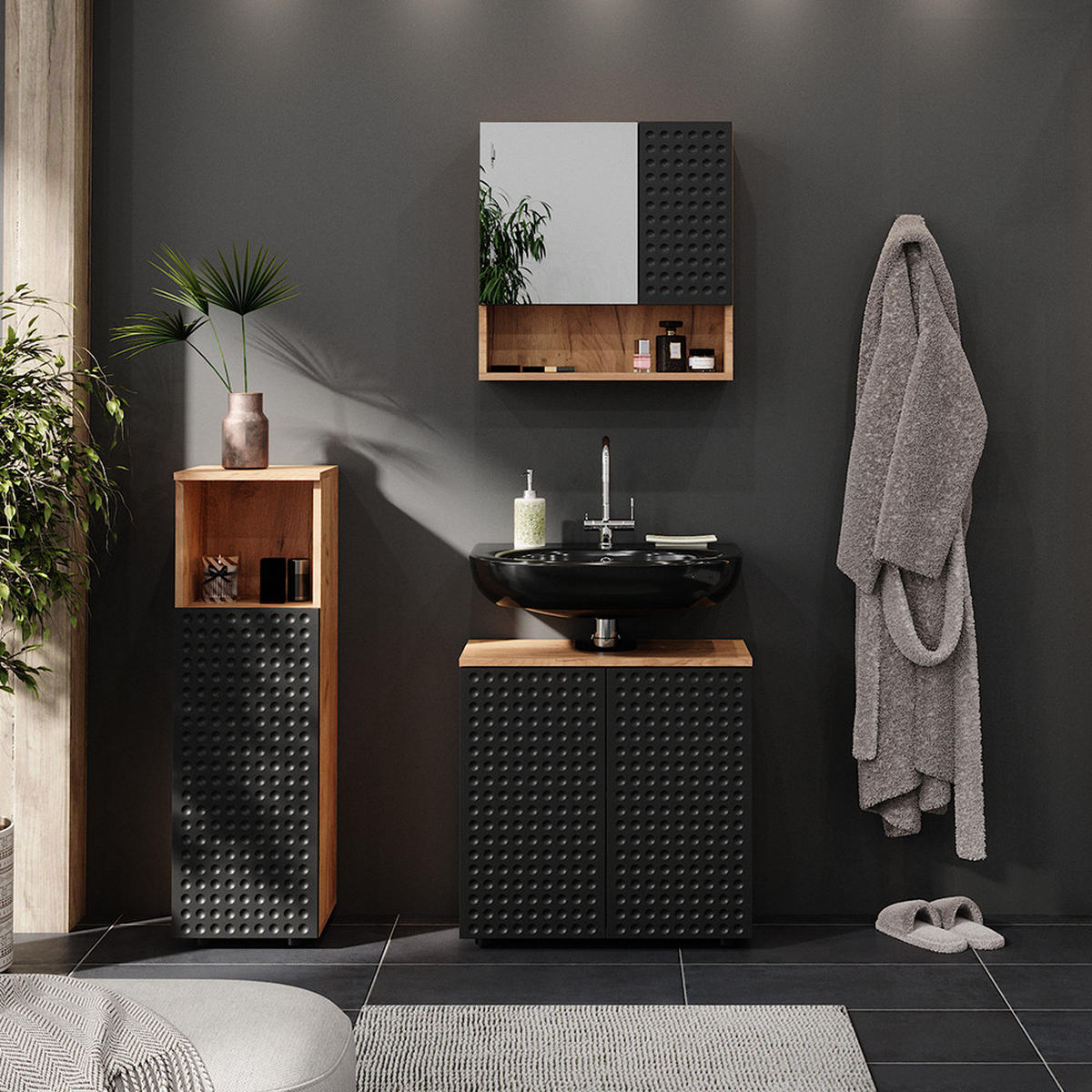 BADMÖBEL-SET Irma Anthrazit gepunktet 3 Teile - Honigeiche/Anthrazit, Holzwerkstoff (80/58.6/41cm) - Vicco