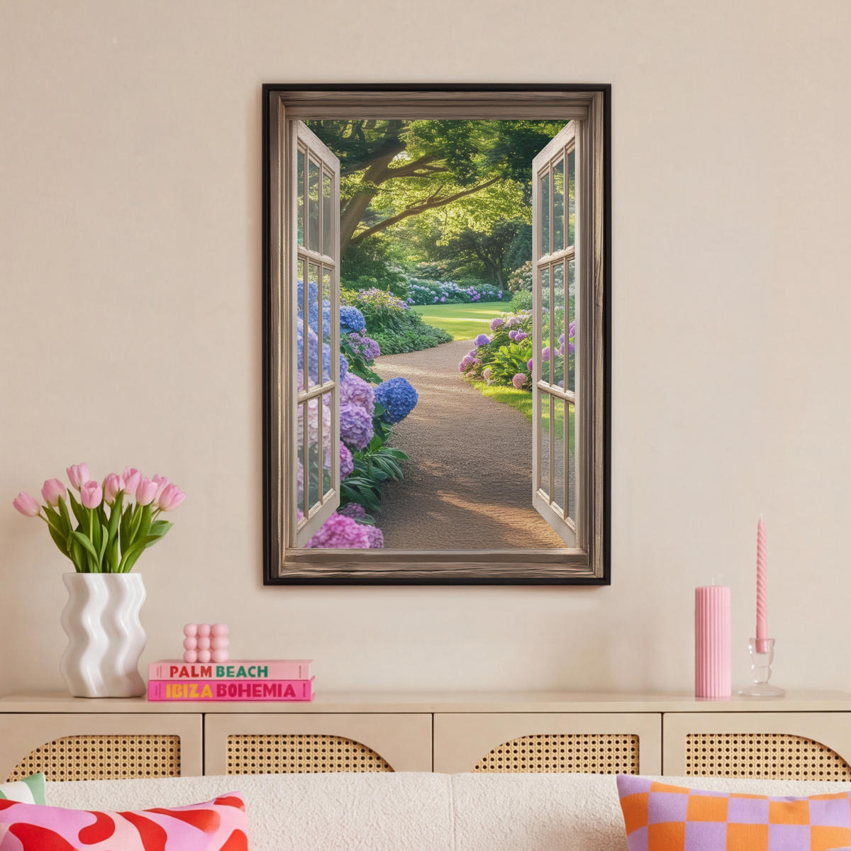 LEINWAND Bilder mit Rahmen - Aussicht - Garten - Fenster - Hortensie - Blumen - 60x90 - Pastellblau, Textil (60/90cm) - MuchoWow