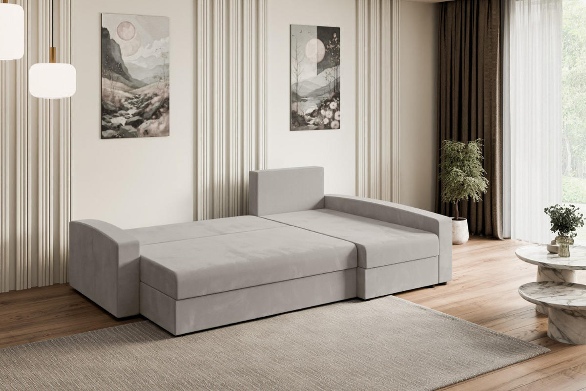 ECKSOFA mit Schlaffunktion und Bettkasten ALESIA-L 231x140x90 cm Hellbraun Velours - Hellbraun/Silberfarben, Holzwerkstoff/Kunststoff (231/140cm) - ALTDECOR