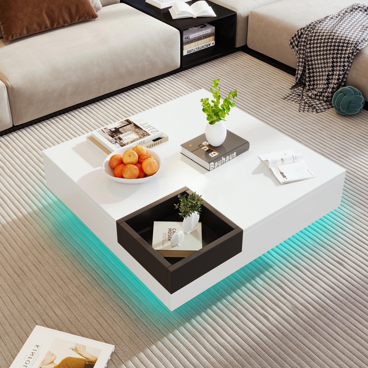 COUCHTISCH 72x72x30 cm Hochglanz, LED, Abnehmbare Aufbewahrungsbox, Beistelltisch - Weiß, Holz (72/72/30cm) - PARAFTA HOME