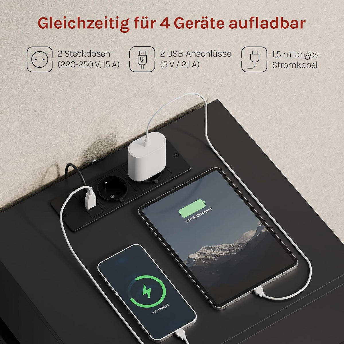 NACHTTISCH mit Ladefunktion und LED, Schwarz - Schwarz, Holzwerkstoff (40/55/35cm) - Woltu