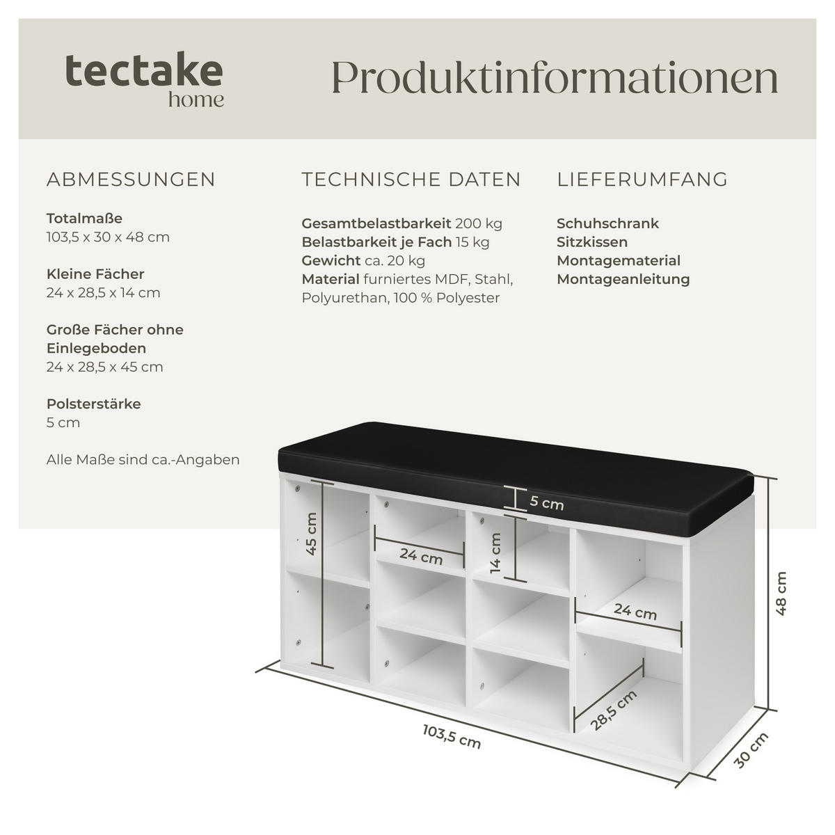 SCHUHSCHRANK Max,103,5 x 48 x 30 cm,schwarz/weiß - Schwarz/Weiß, Holz (30/48/103.5cm) - tectake