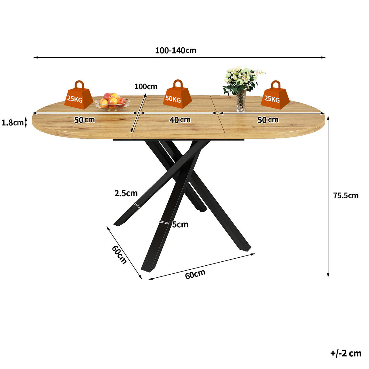 JÍDELNÍ STŮL rozkládací 100-140cm oválný dekor dřeva X - přírodní, kov (40/100/75.5cm) - FLIEKS