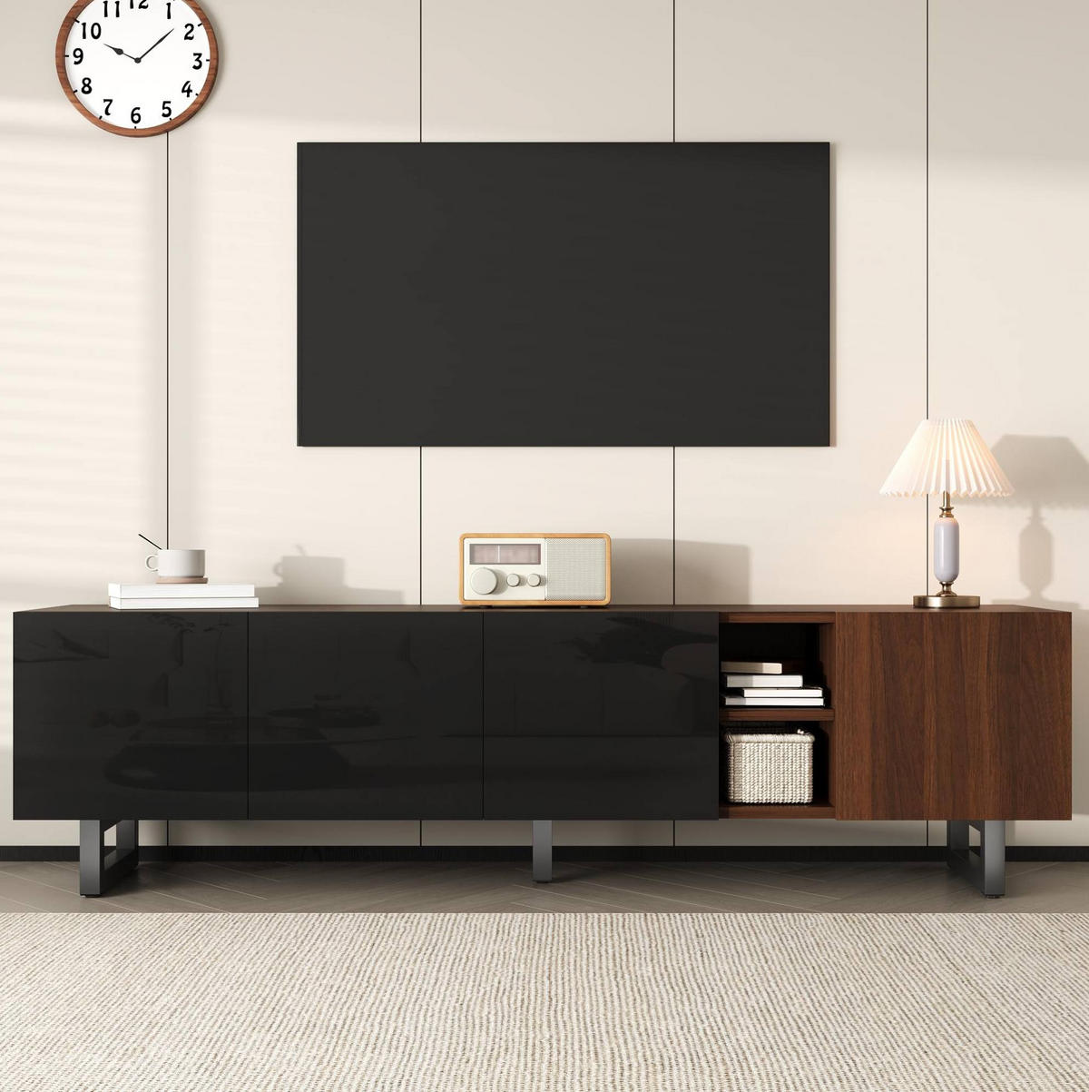 TV-LOWBOARD 180/38/50 cm in Schwarz/Natur mit Hochglanzfronten und 4 Türen - Hellbraun, Holzwerkstoff (180/50/38cm) - Flora Grace