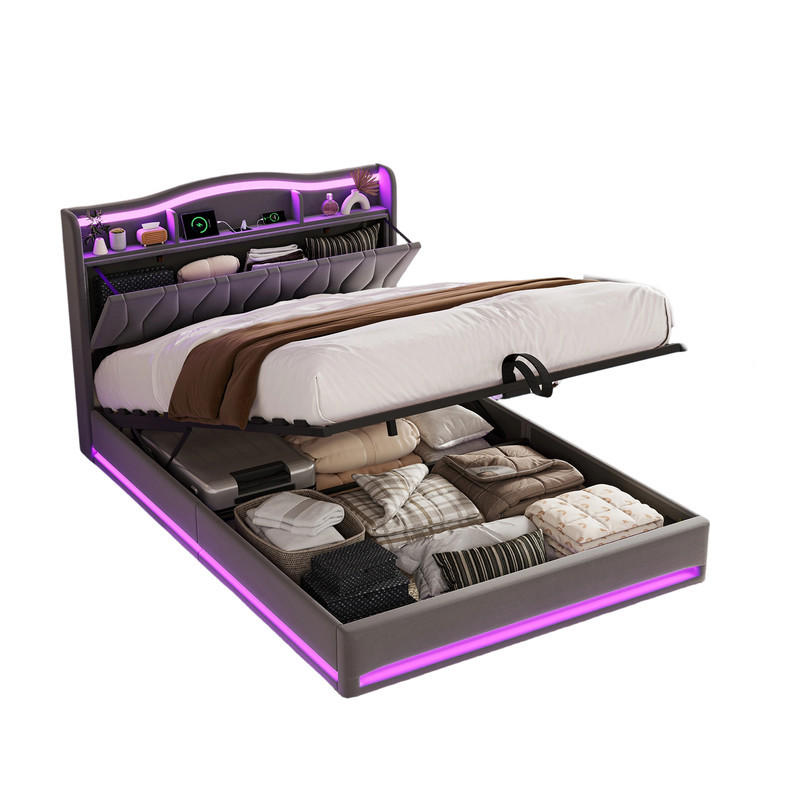 POLSTERBETT 140/200 cm grau mit Stauraum, LED und USB - Grau, Holz - SHOPENTRA
